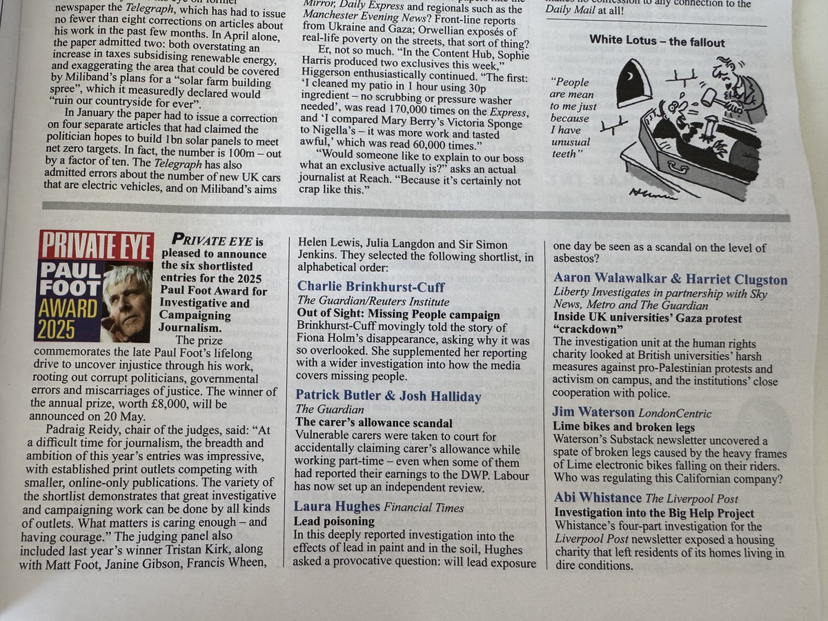 Liberty Investigates (@linvestigates) on Twitter photo Our <a href="/AaronWala/">Aaron Walawalkar</a> and <a href="/HarrietClugston/">Harriet Clugston</a> have been shortlisted for the <a href="/PrivateEyeNews/">Private Eye Magazine</a> Paul Foot Award for their work uncovering the inside story of a crackdown on student Gaza activism at UK universities.
A thread on their reports with <a href="/MetroUK/">Metro</a>, <a href="/SkyNews/">Sky News</a> and <a href="/guardian/">The Guardian</a> 🧵 Our <a href="/AaronWala/">Aaron Walawalkar</a> and <a href="/HarrietClugston/">Harriet Clugston</a> have been shortlisted for the <a href="/PrivateEyeNews/">Private Eye Magazine</a> Paul Foot Award for their work uncovering the inside story of a crackdown on student Gaza activism at UK universities.
A thread on their reports with <a href="/MetroUK/">Metro</a>, <a href="/SkyNews/">Sky News</a> and <a href="/guardian/">The Guardian</a> 🧵