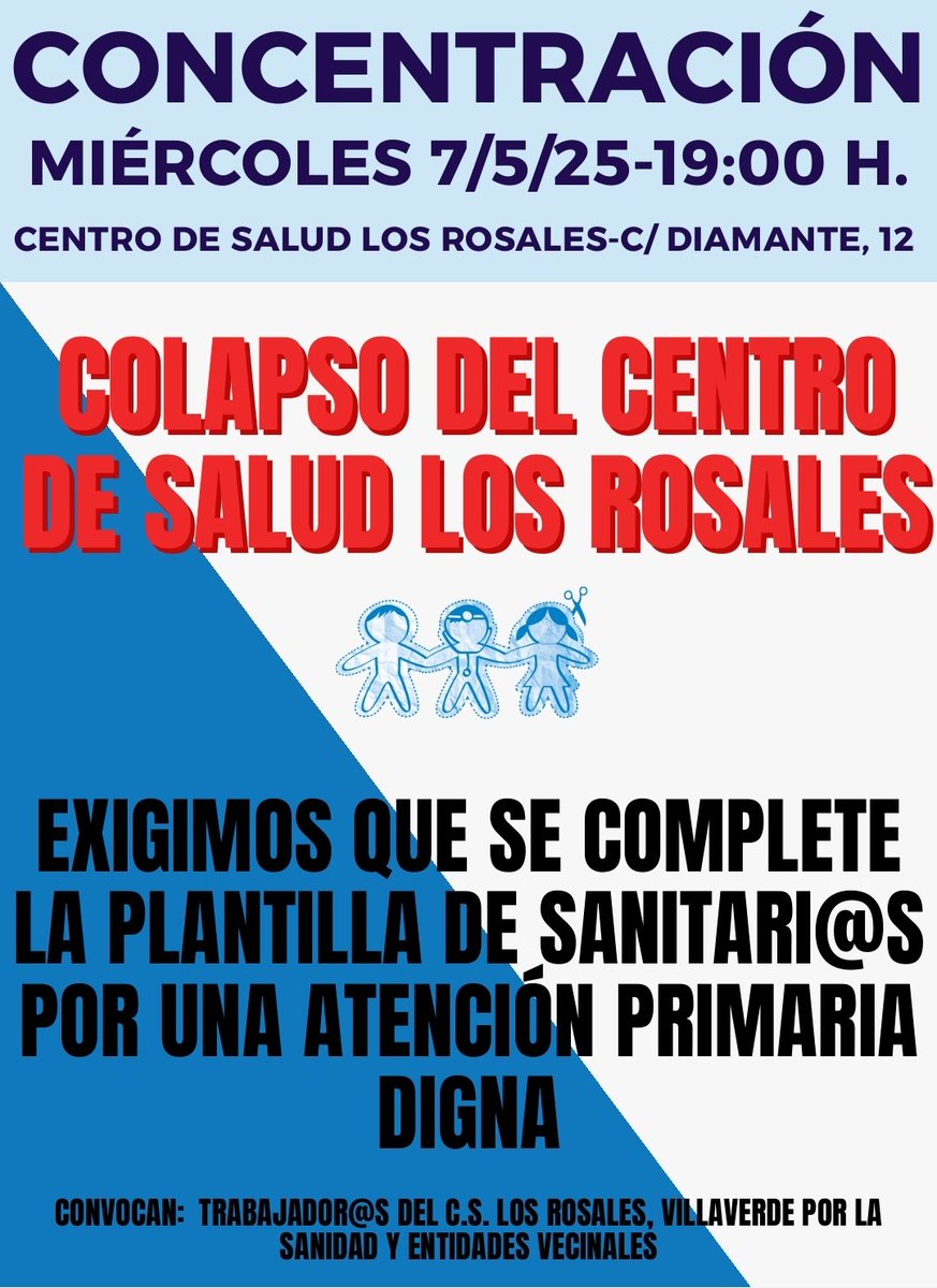 Vuelve la movilización al centro de salud Los Rosales #Villaverde para completar la plantilla de profesionales y evitar el colapso

🗓️ Concentración el miércoles 7 de mayo a las 19h

Por una atención primaria a la altura de las necesidades ‼️#SanidadPública