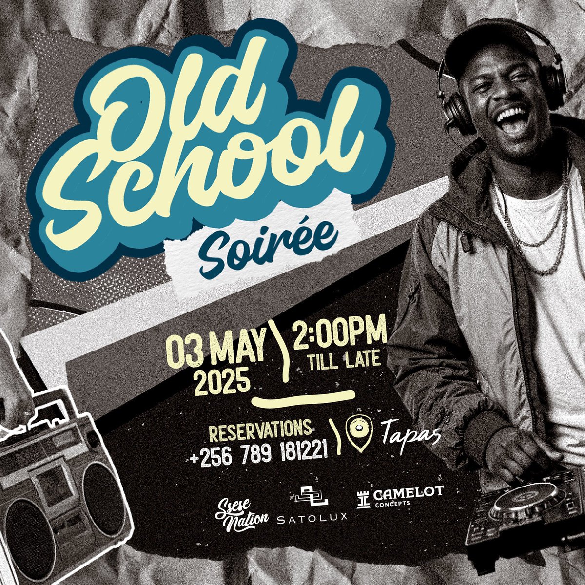 Mushrm (@mushroominc) on Twitter photo Get ready to rewind the vibes at #OldSchoolSoiree Vol 1️⃣9️⃣ this Saturday at @TapasKla. Secure your spot now and brace for a nostalgic jam session that’ll bring the classic grooves back to life!
—<a href="/CamelotConcepts/">Camelot Concepts</a>, <a href="/SseseNation/">Ssese Nation</a>
<a href="/Jude_Mugabi/">Usual Suspect 🎩</a> Get ready to rewind the vibes at #OldSchoolSoiree Vol 1️⃣9️⃣ this Saturday at @TapasKla. Secure your spot now and brace for a nostalgic jam session that’ll bring the classic grooves back to life!
—<a href="/CamelotConcepts/">Camelot Concepts</a>, <a href="/SseseNation/">Ssese Nation</a>
<a href="/Jude_Mugabi/">Usual Suspect 🎩</a>