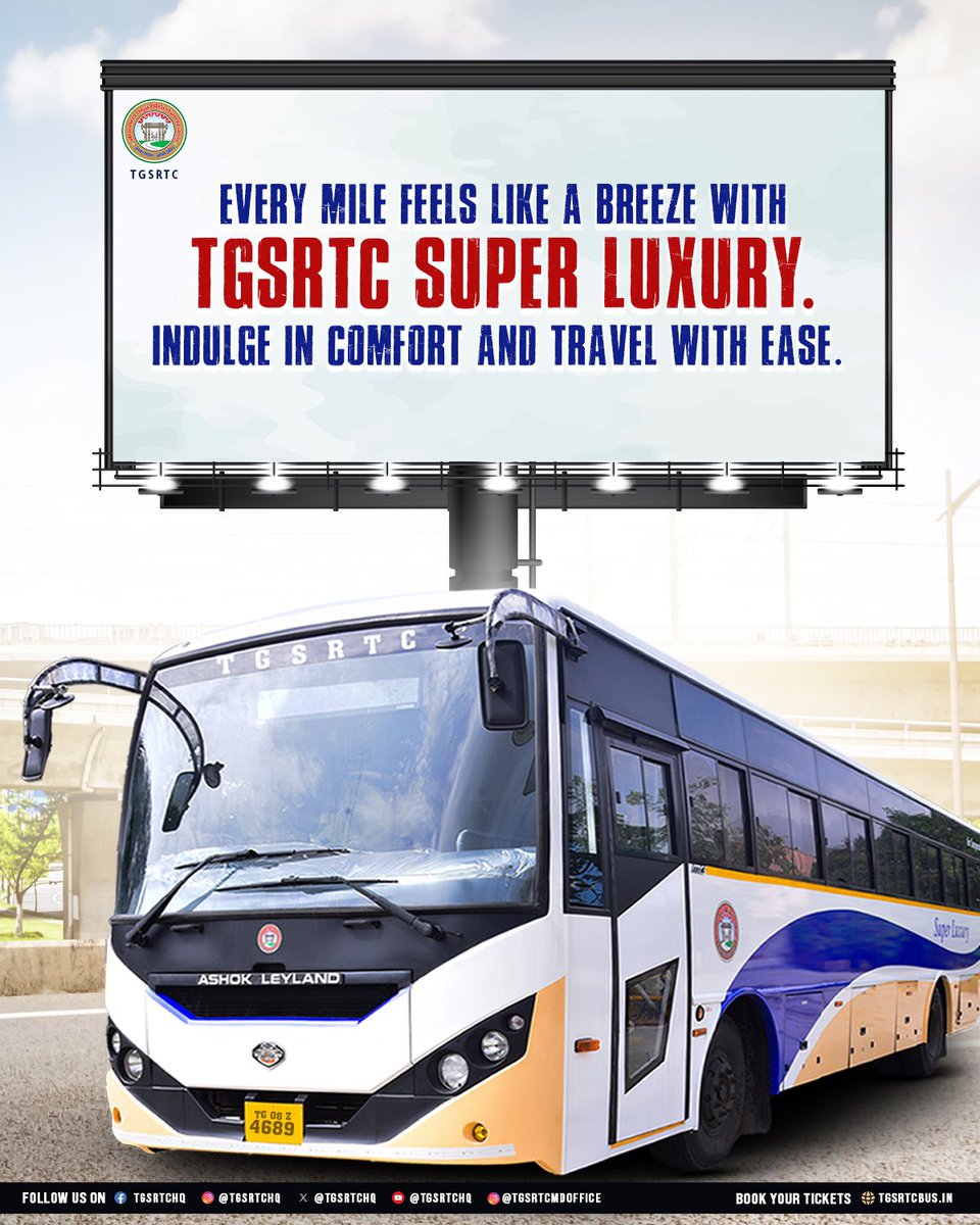 TGSRTC (@tgsrtchq) on Twitter photo Embark on your journey with the ultimate comfort with TGSRTC Super Luxury Buses.
<a href="/revanth_anumula/">Revanth Reddy</a> <a href="/Ponnam_INC/">Ponnam Prabhakar</a> <a href="/TelanganaCMO/">Telangana CMO</a> <a href="/SajjanarVC/">V.C. Sajjanar, IPS</a> @CTM_MKTG_TGSRTC
#TGSRTC #Telangana #Hyderabad #SuperLuxury #TakingTelanganaForward Embark on your journey with the ultimate comfort with TGSRTC Super Luxury Buses.
<a href="/revanth_anumula/">Revanth Reddy</a> <a href="/Ponnam_INC/">Ponnam Prabhakar</a> <a href="/TelanganaCMO/">Telangana CMO</a> <a href="/SajjanarVC/">V.C. Sajjanar, IPS</a> @CTM_MKTG_TGSRTC
#TGSRTC #Telangana #Hyderabad #SuperLuxury #TakingTelanganaForward