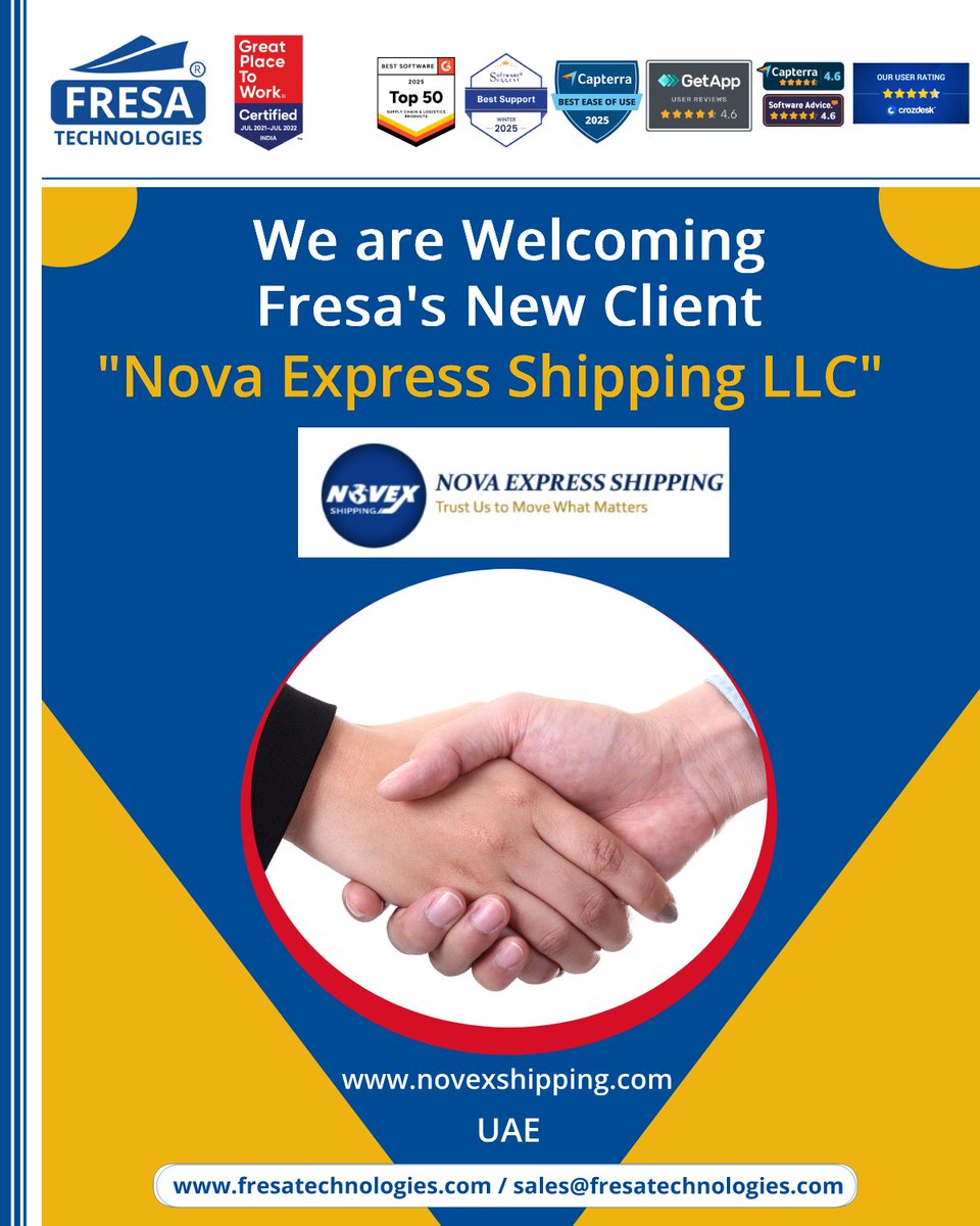 fresatechnology's tweet photo. We are Welcoming Fresa New Client🤝
"NOVA EXPRESS SHIPPING LLC"
For more queries please visit below link 👇
https://t.co/F3anbe7idi
#Fresa #FresaGold #ERPSoftware #G2Awards #SoftwareRecognition #BestERPSoftware #Client #NewCustomer #Onboard #Newclient #novashipping https://t.co/0WVduTHPTs