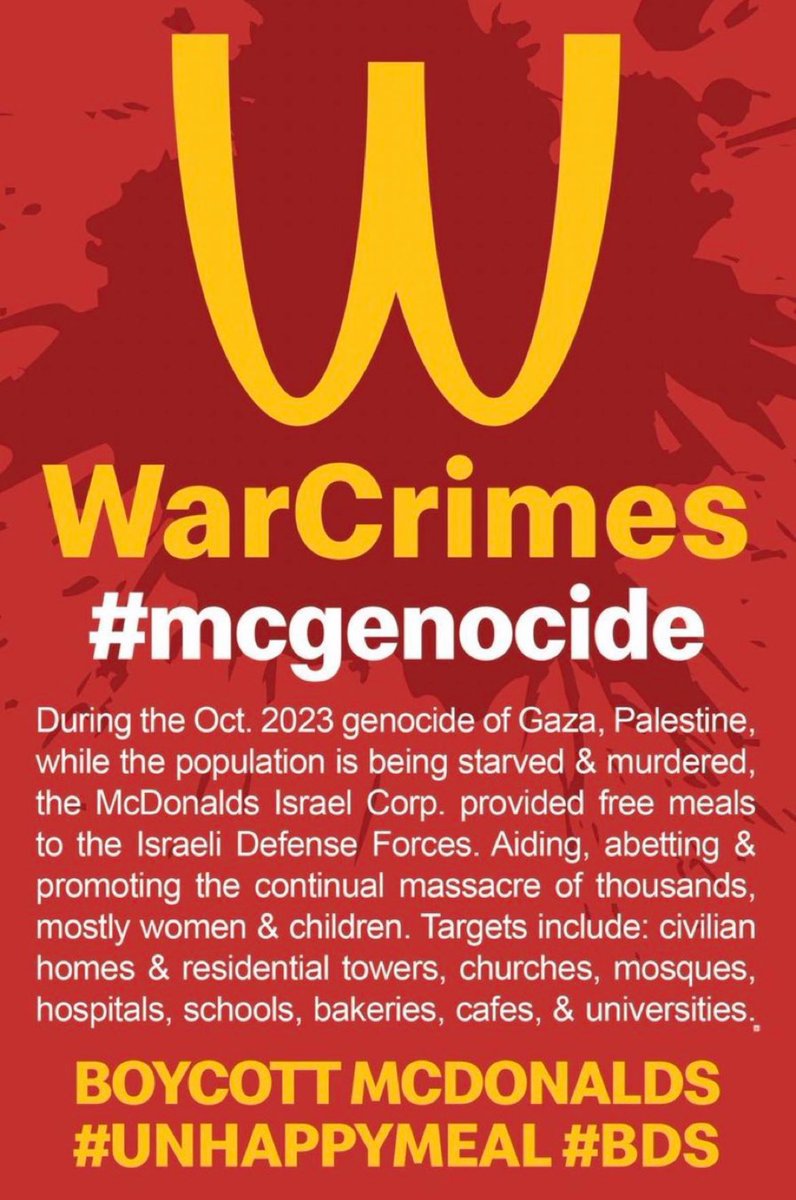 <a href="/BTS_twt/">방탄소년단</a> hi namjoon, mcdonald’s is part of the BDS movement’s organic boycott target list. these companies support the ongoing genocide in Palestine &amp; i kindly ask you guys to support the boycott.

link:bdsmovement.net/search

#하이브는시오니스트를퇴출하라 #HYBEDivestFromZionism