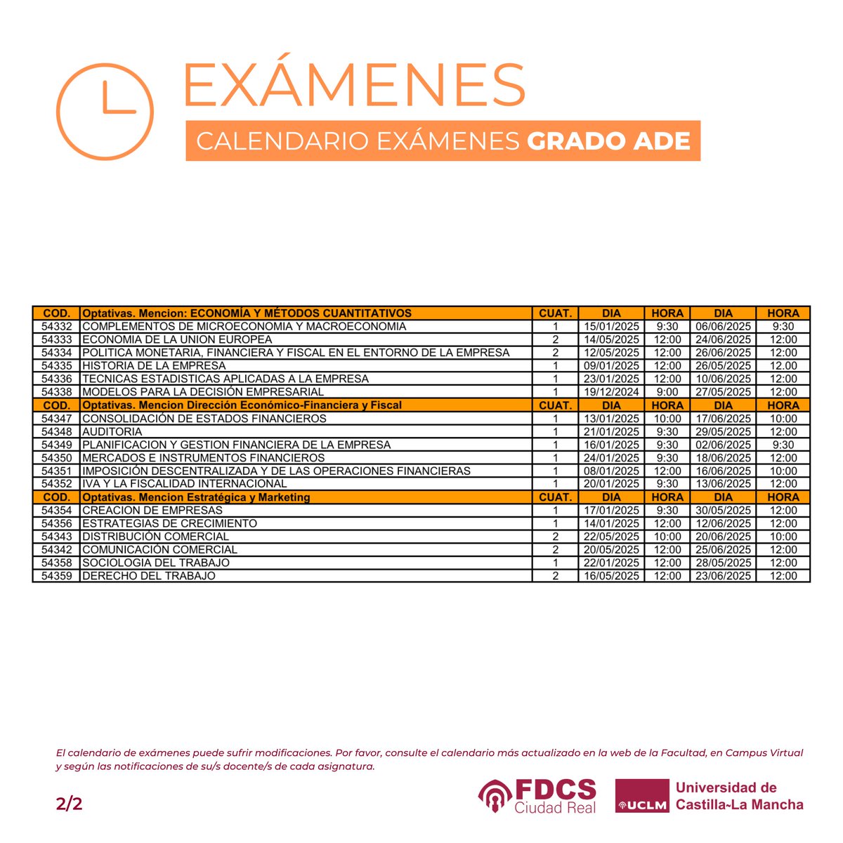 Calendario de Exámenes del Grado en Administración y Dirección de Empresas. Más info. en: uclm.es/ciudad-real/de….