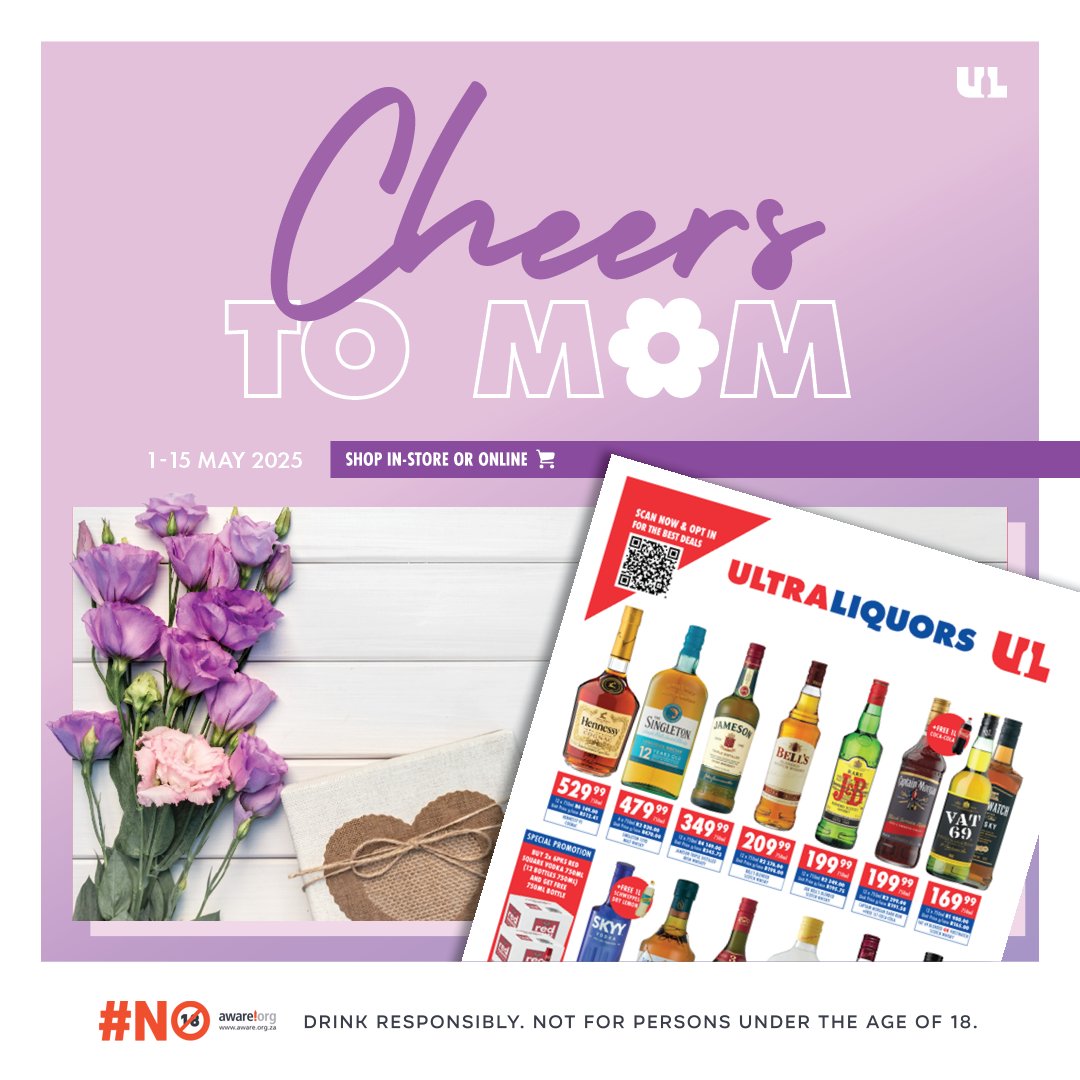 Whether she’s a wine mom, a gin queen or a bubbles babe — we’ve got just the thing. 🍷🥂💐 Shop our Mother’s Day specials and make it memorable. See all deals here: promos.ultraliquors.co.za/specials