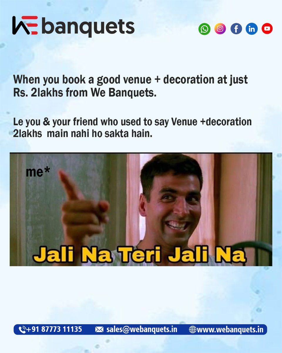webanquetsin's tweet photo. Think a premium venue + stunning decor under ₹2 Lakhs is impossible?
Think again! 🤯🎉
Book with We Banquets and prove the doubters wrong — just like this meme moment!
📞 Call: +91 87773 11135
📧 Email: sales@webanquets.in
🌐 Visit: https://t.co/0CyvOfVSZY https://t.co/i5LOxMobLc