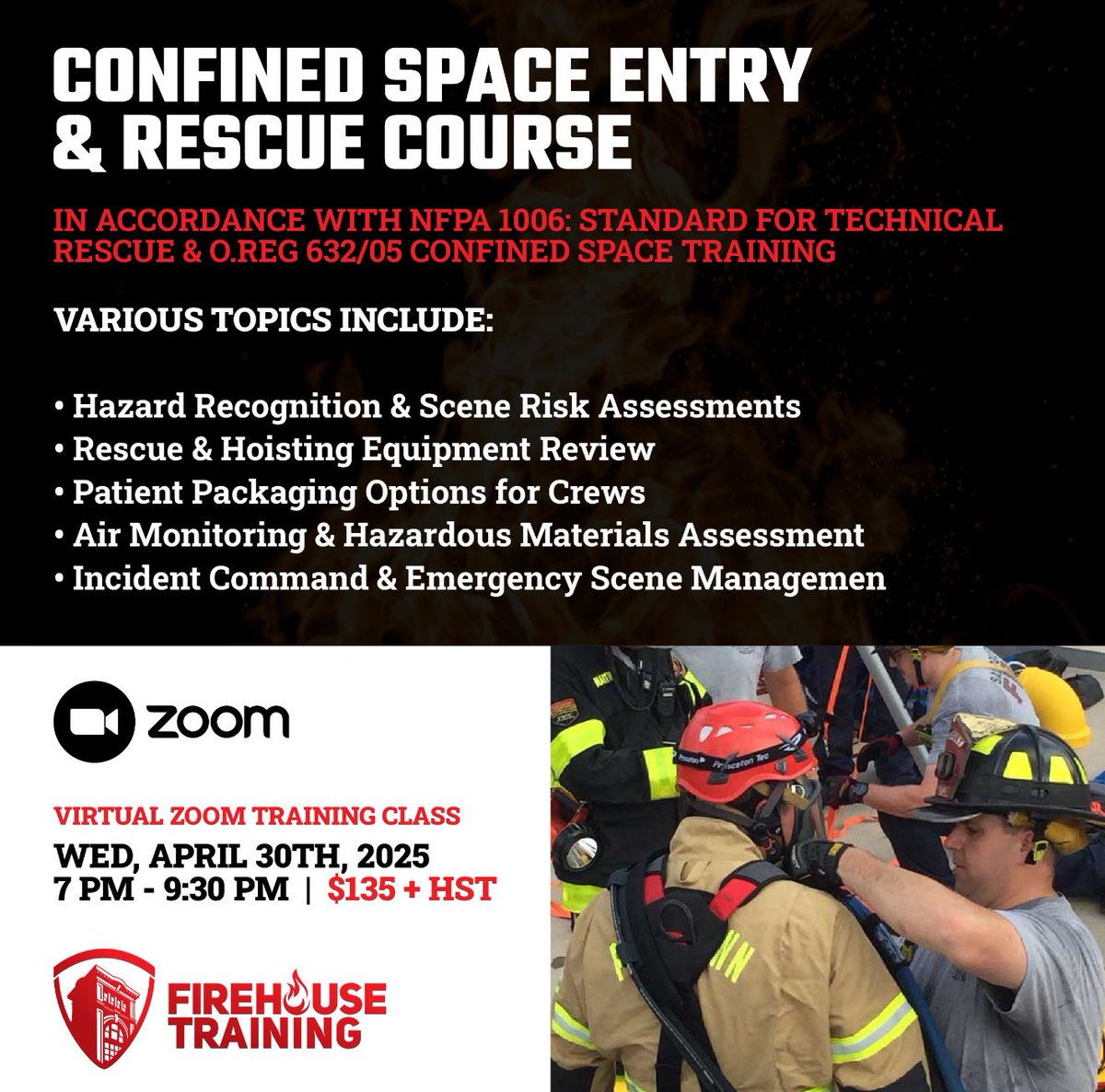 FirehouseTrain1's tweet image. TONIGHT at 7 PM EST – LIVE ON ZOOM!💥
We’re going underground — literally and virtually! Join us for our Confined Space Entry &amp;amp; Rescue Awareness Course, happening TONIGHT at 7 PM sharp. DM us to register! #ConfinedSpaceRescue #FirefighterTraining #TechnicalRescue