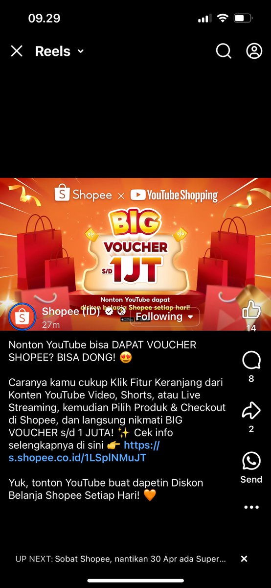 midccea's tweet photo. sumpah parah sih mantep banget! masa sekarang belanja di youtube shopping bisa dapetin Voucher shopee tiap hari???? dan big voucher s/d 1 juta jugaa???!!! #VoucherShopeeDiYoutube https://t.co/B3yuUohrDm