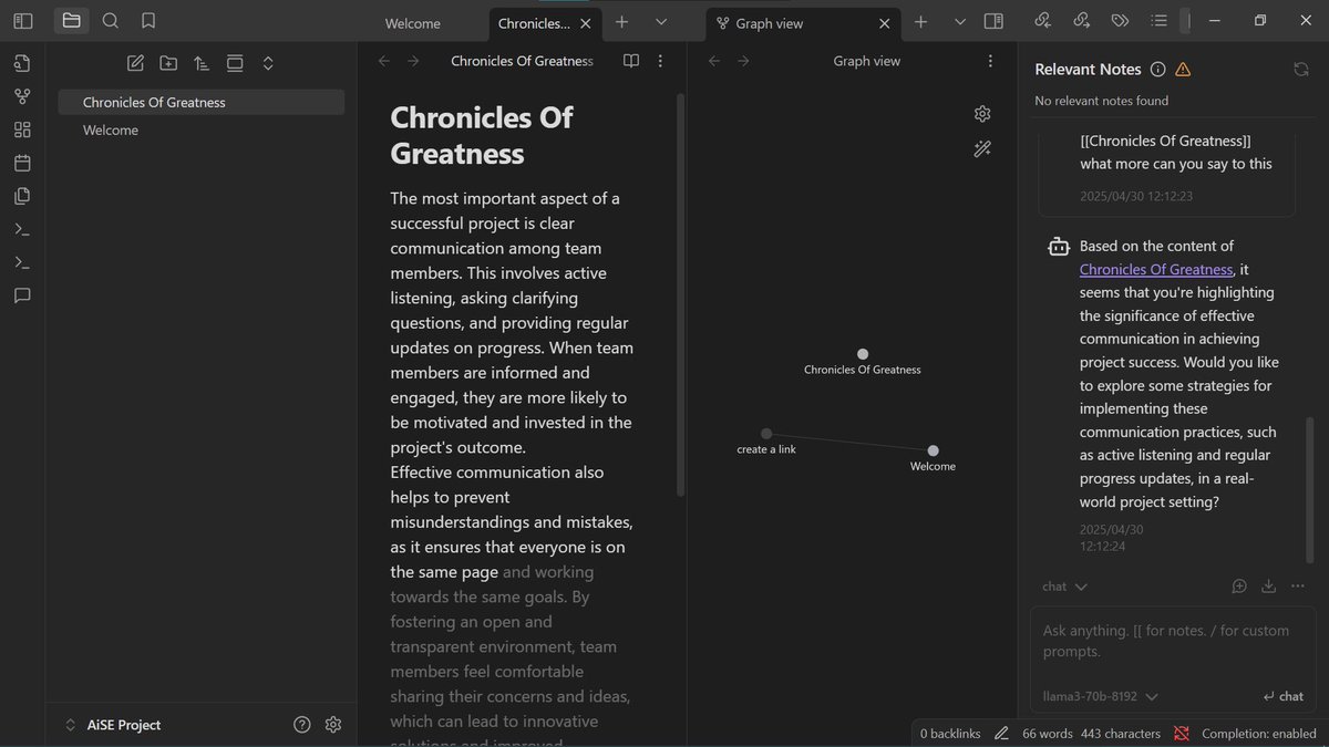 Fengy_Samuel's tweet photo. Week 2, Day 3: ALX AI Starter Kit

How amazing it is, having an autocomplete and note referencing in a note-taking app (Groq &amp; Obsdian). This project is so useful to me who loves taking notes for diverse purposes.
#ALX_AiSK @alx_africa  @jbarbier  @lowercase_life https://t.co/R9RidFgLJS
