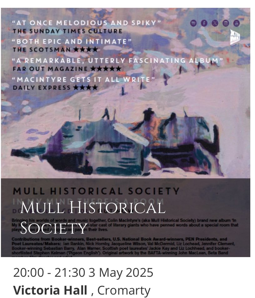 MullHistorical's tweet image. If you’re in the area I have two events @cromartyarts
Crime & Thrillers this bank holiday:
8pm SAT 3 May: MHS set — back catalogue and the new ‘Room’ album featuring
10am SUN 4 May: @colinmacIntyre with Ian Rankin @Beathhigh
Ticks: cromartyartstrust.org.uk/crime-and-thri…
@bwpublishing