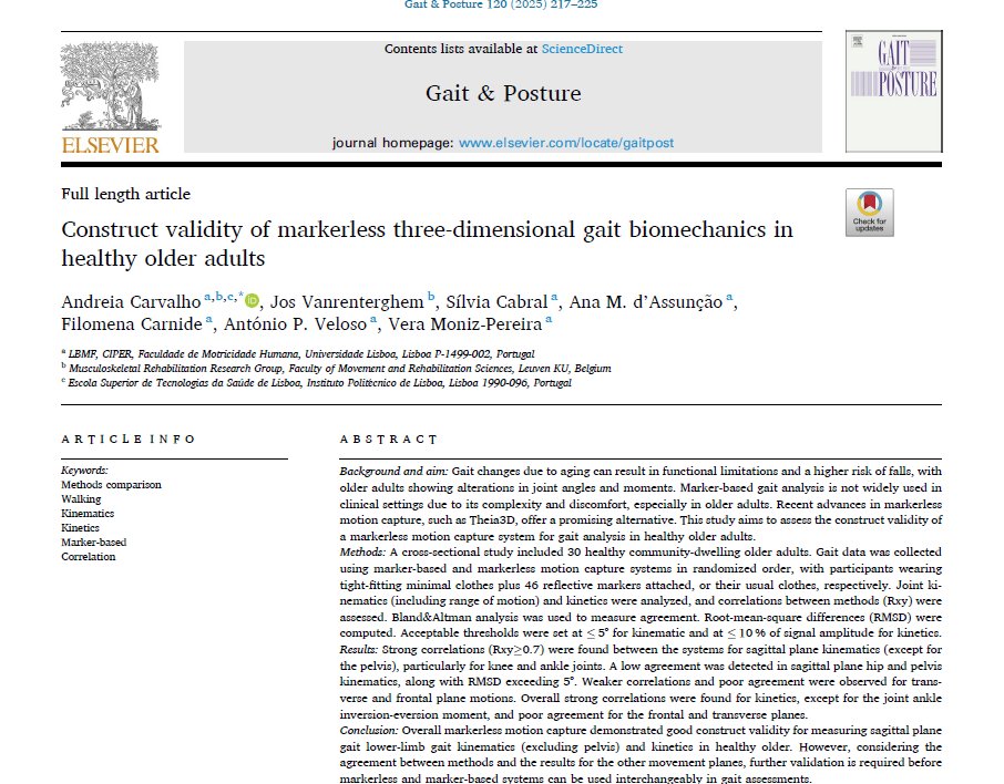 We are very pleased to share our latest study "Construct validity of markerless three-dimensional gait biomechanics in healthy older adults", available online on April 25!

🔗sciencedirect.com/science/articl…

We hope you enjoy the reading!