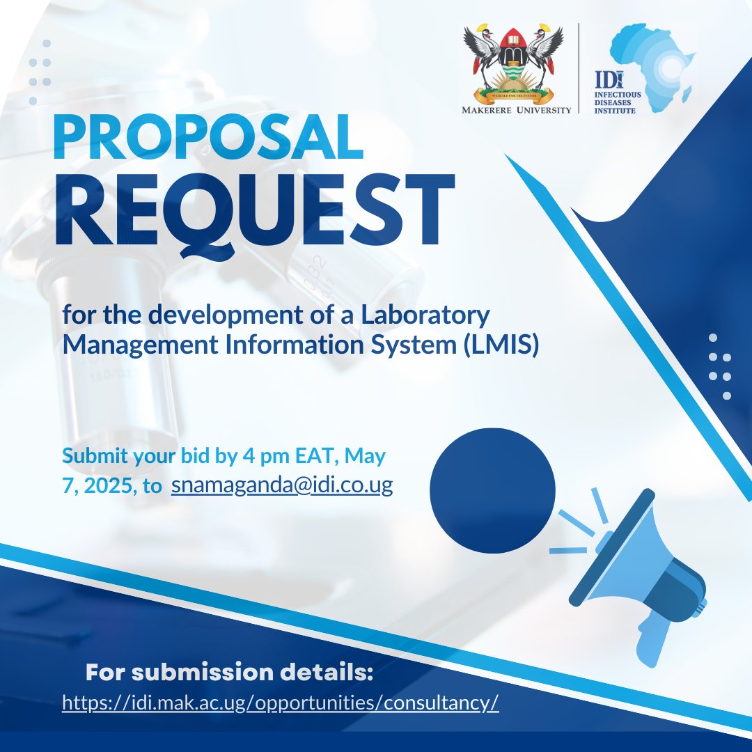 Infectious Diseases Institute, Makerere University (@idimakerere) on Twitter photo We seek proposals from qualified developers to deliver a scalable, secure, and user-friendly Lab Management Information System (LMIS). Do you or your team have what it takes? Submit your bid by 4pm, May 7, 2025, to snamaganda@idi.co.ug. Full requirement: bit.ly/4jT3twu We seek proposals from qualified developers to deliver a scalable, secure, and user-friendly Lab Management Information System (LMIS). Do you or your team have what it takes? Submit your bid by 4pm, May 7, 2025, to snamaganda@idi.co.ug. Full requirement: bit.ly/4jT3twu