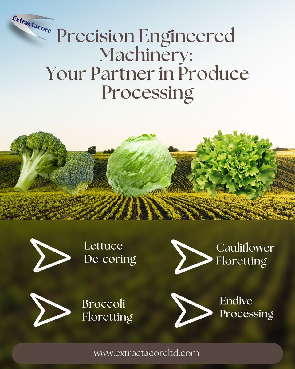 ExtractaCore's tweet image. Engineered for precision. Built for produce. At Extractacore, we craft cutting-edge machinery to revolutionize how food processors tackle lettuce, broccoli, cauliflower, and beyond. Boost yields, nail perfect cuts, and never compromise!
#FoodMachinery