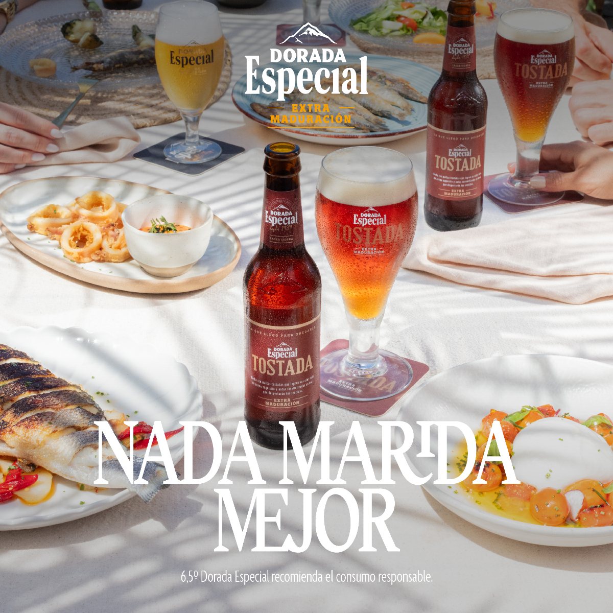 Brasas, Dorada Especial Tostada y sobremesa a fuego lento. Nada Marida Mejor. Dorada Especial.