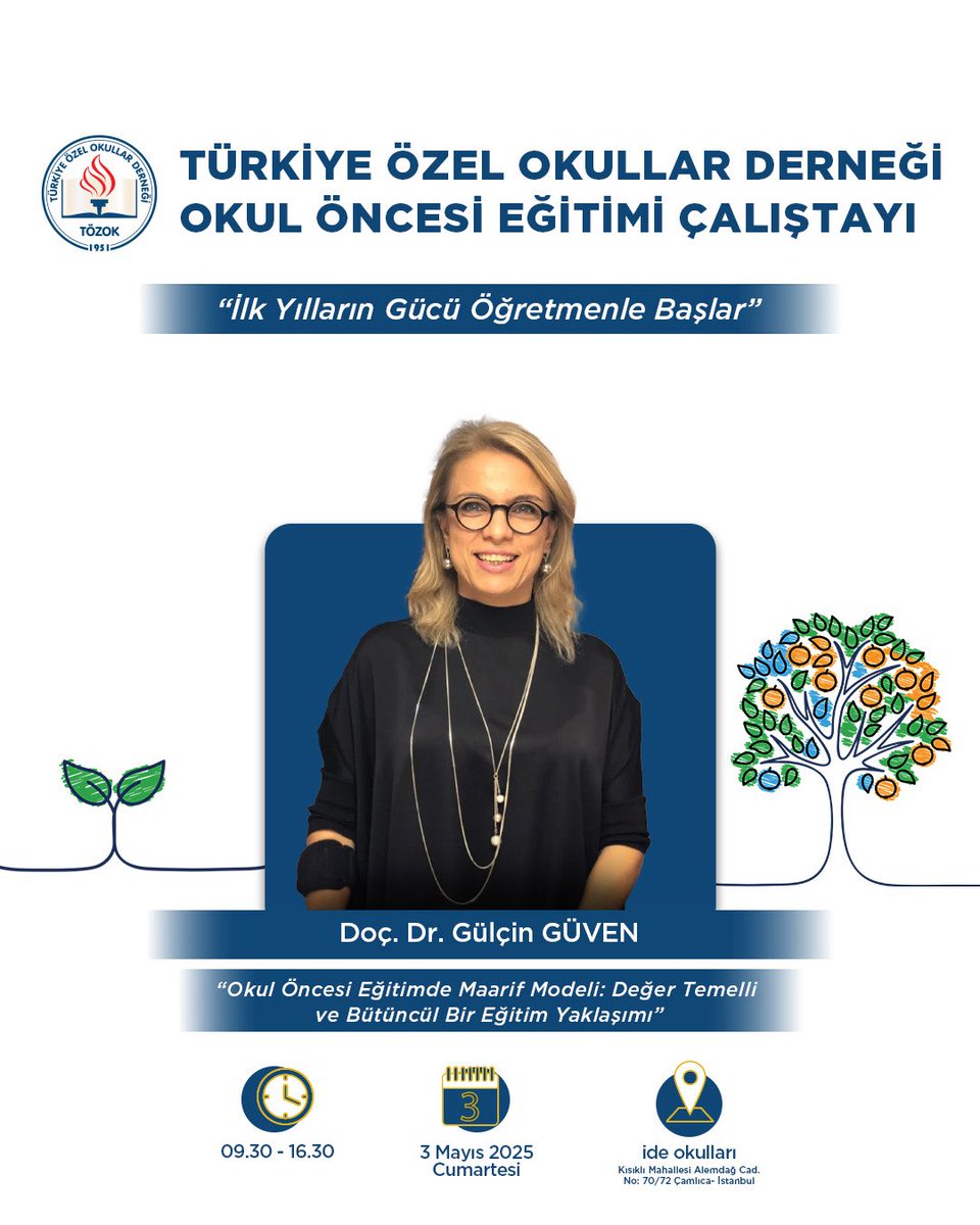 3 Mayıs 2025 Cumartesi günü İde Okulları ev sahipliğinde düzenlenecek Okul Öncesi Eğitimi Çalıştayında,
Doç. Dr. Gülçin Güven “Okul Öncesi Eğitimde Maarif Modeli: Değer Temelli ve Bütüncül Bir Eğitim Yaklaşımı” başlıklı konuşmasıyla bizlerle olacak!

#okulöncesieğitimi #çalıştay