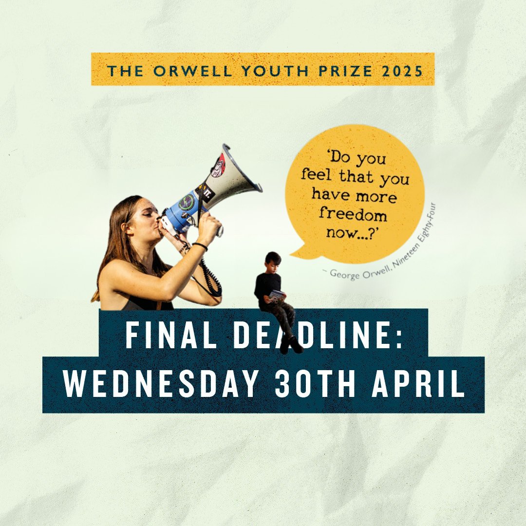 OrwellYouthPriz's tweet photo. 🚨 TODAY’S THE DAY! 🚨
The final deadline for entries responding to our theme #FreedomIs is TODAY – 30 April! ⏳✍️
Make your voice heard. 💬 https://t.co/CcFY47ARvI