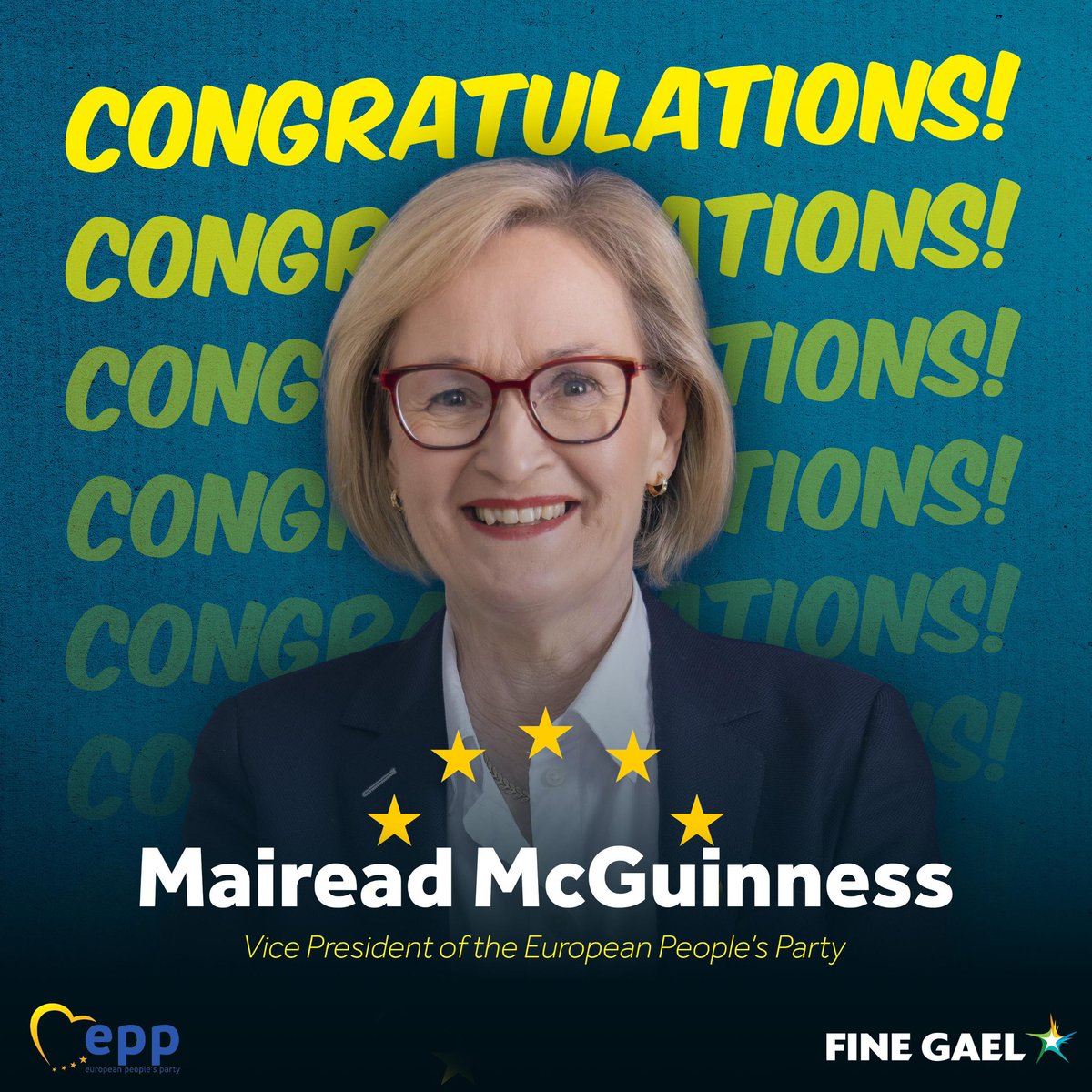 Fine Gael (@finegael) on Twitter photo Congratulations to <a href="/McGuinnessEU/">Mairead McGuinness</a> on being elected Vice President of the European People’s Party. Congratulations to <a href="/McGuinnessEU/">Mairead McGuinness</a> on being elected Vice President of the European People’s Party.