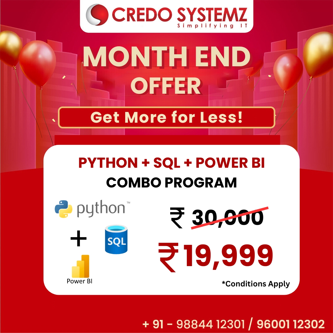 credosystemz's tweet image. Month end Offer Combo Deal!
Get More for Less
Python + SQL + Power BI for just ₹19,999 (was ₹30,000)
📞 +91 9884412301 / +91 9600112302
🌐 credosystemz.com
#PowerBITraining #PythonSQL #CareerGrowth #TechEducation #UpskillWithCredoSystemz #CredoSystemz #Velachery #OMR
