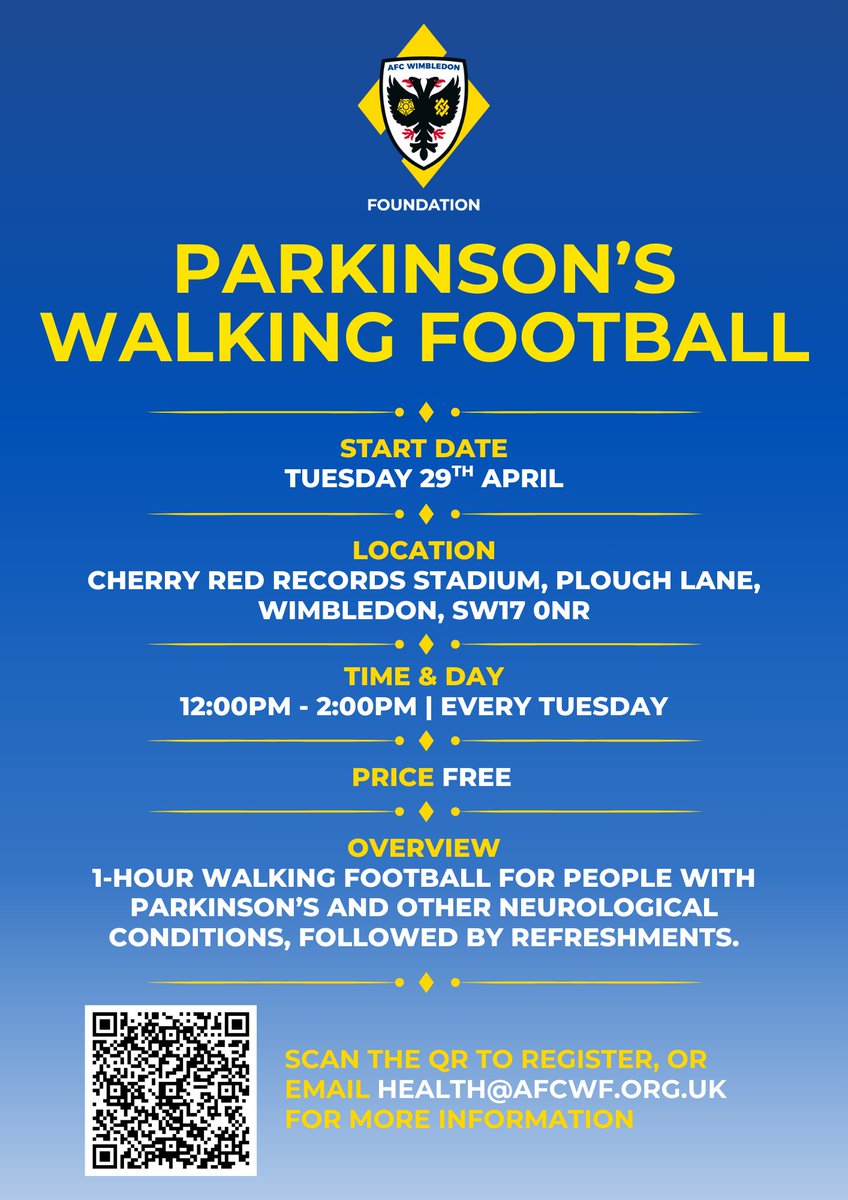 For any #WalkingFootballers around the Wimbledon area <a href="/AFCWimbledon/">AFC Wimbledon</a> Foundation need you.  
➡️Every Tuesday
➡️Cherry Red Records Stadium
➡️12pm-2pm
Completely free but scan the QR Code below to register!
<a href="/followers/">はうはう</a> <a href="/thewfauk/">The WFA</a>  #walkingfootball #teamsport #football