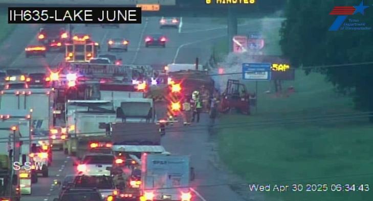 Lauren Crawford (@laurenacrawford) on Twitter photo #BREAKING 18-wheeler flatbed on fire on 635 LBJ Fwy Southbound at Lake June Rd. One lane gets by. Expect delays. <a href="/CBSNewsTexas/">CBS News Texas</a> #BREAKING 18-wheeler flatbed on fire on 635 LBJ Fwy Southbound at Lake June Rd. One lane gets by. Expect delays. <a href="/CBSNewsTexas/">CBS News Texas</a>