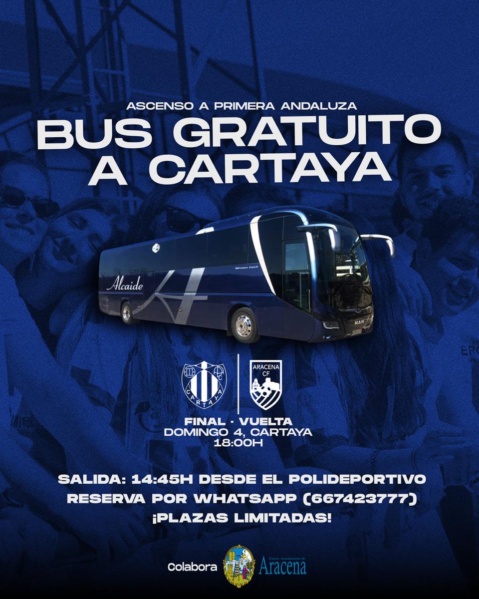🔵⚪️🔵 Este domingo, el <a href="/aracenaCF/">Aracena Club de Fútbol</a>  senior se juega el ascenso a Primera Andaluza en Cartaya.

⚽️ ¿Quieres animar a nuestro equipo? Reserva tu plaza en el bus fletado por el Ayuntamiento. ✅

#AracenaEsDeporte