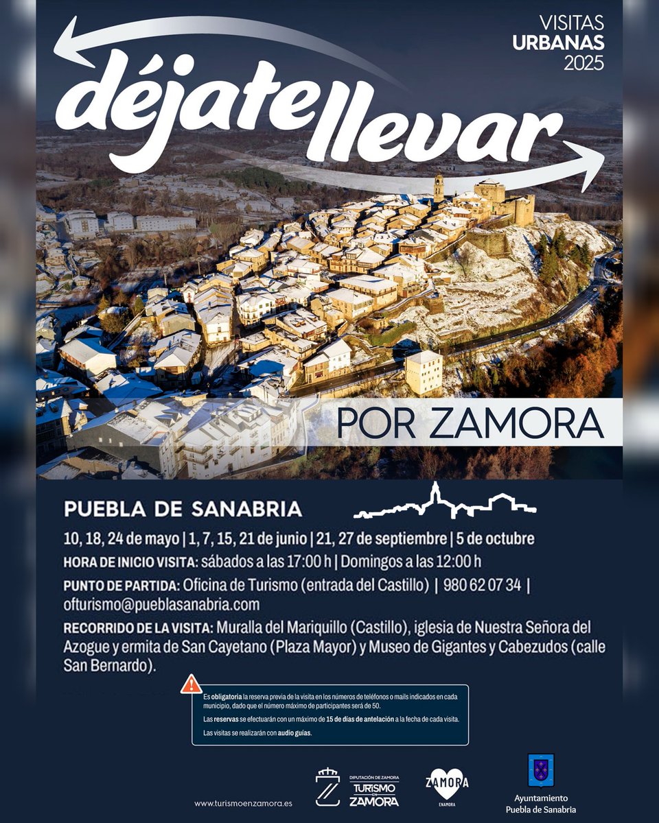 Comienzan las visitas por nuestra Villa del programa "Déjate Llevar"  ofertadas por el Patronato de Turismo de Zamora!
🗓 10 de mayo
⏰ 17 h.
🚩 Muralla del Mariquillo
⚠️ Imprescindible apuntarse previamente para reservar la visita en el 980 620 734 o en la Oficina de Turismo.