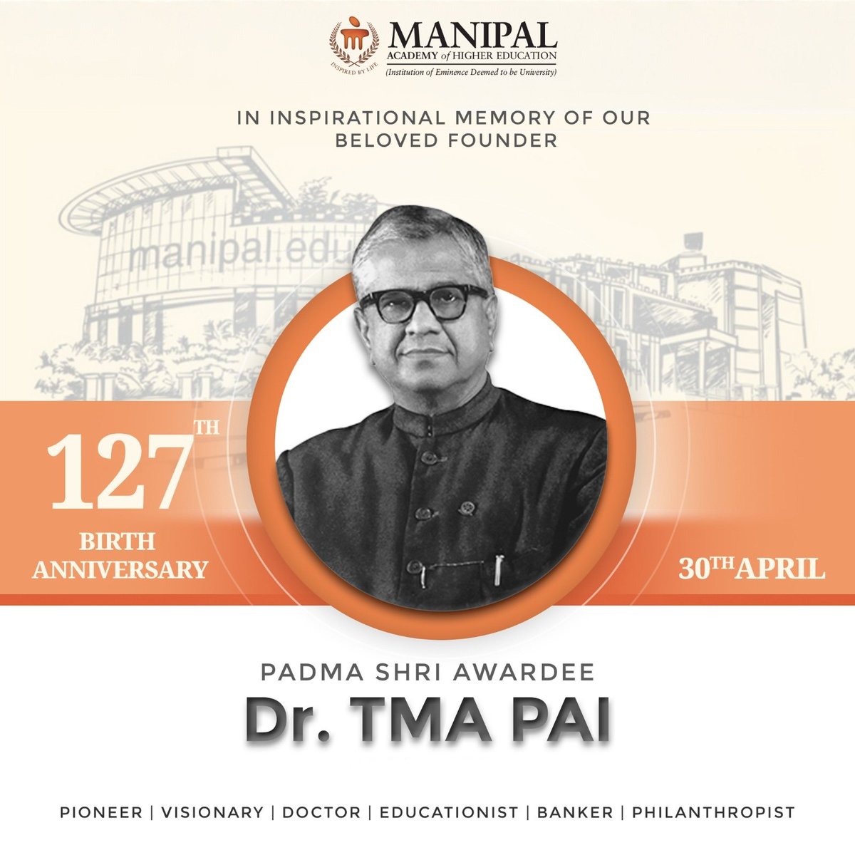 Dept of GIR, MAHE (@girmanipal) on Twitter photo On this Founderās Day, we honour the visionary Dr. T.M.A. Pai ā the pioneer behind the <a href="/MAHE_Manipal/">Manipal Academy of Higher Education</a> dream.From transforming a barren hilltop into a global education hub, his legacy lives on shaping India's academic and healthcare landscapes.
#FoundersDay #Manipal On this Founderās Day, we honour the visionary Dr. T.M.A. Pai ā the pioneer behind the <a href="/MAHE_Manipal/">Manipal Academy of Higher Education</a> dream.From transforming a barren hilltop into a global education hub, his legacy lives on shaping India's academic and healthcare landscapes.
#FoundersDay #Manipal