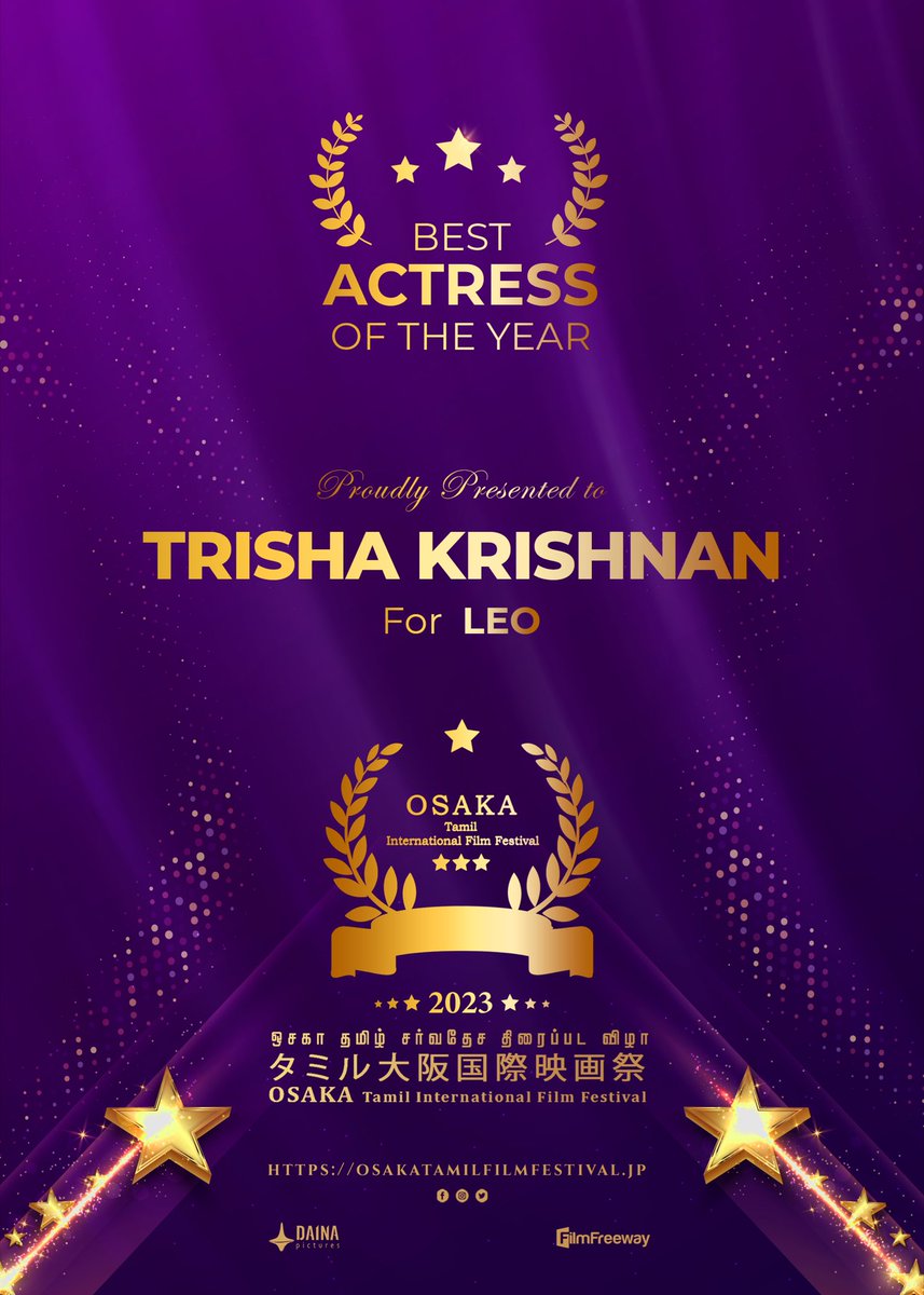 Osaka Tamil International Film Festival (@osaka_tamil) on Twitter photo #OTIFF2023 Best Actress Proudly presented to <a href="/trishtrashers/">Trish</a> for #LEO
<a href="/osaka_tamil/">Osaka Tamil International Film Festival</a> <a href="/Rajini_Japan/">ラジニjp ரஜினி ஜப்பான்</a> <a href="/KskSelvaKumaar/">KSK Selva Kumaar</a> <a href="/SureshDaina/">Suresh Nallusamy</a> #OTIFF2023 Best Actress Proudly presented to <a href="/trishtrashers/">Trish</a> for #LEO
<a href="/osaka_tamil/">Osaka Tamil International Film Festival</a> <a href="/Rajini_Japan/">ラジニjp ரஜினி ஜப்பான்</a> <a href="/KskSelvaKumaar/">KSK Selva Kumaar</a> <a href="/SureshDaina/">Suresh Nallusamy</a>