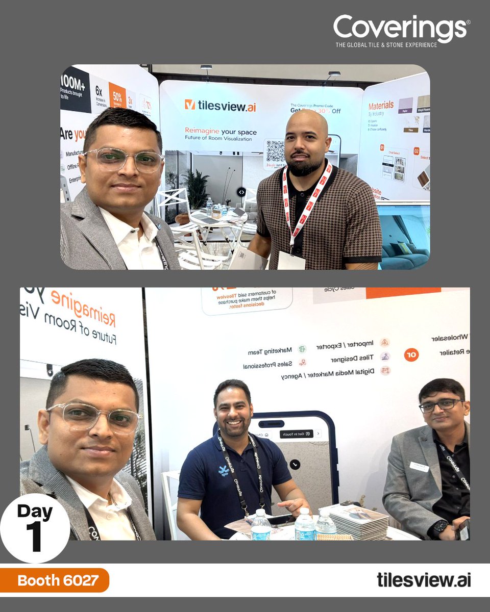 TilesVisualizer's tweet photo. Day 1 at Coverings and the excitement is real! 

Catch us at Booth 6027 and reimagine your space with us! 

🔗 https://t.co/rKoL7mIQtY 

#tilesview #coverings2025 #day1highlights #tilevisualizer #interiordesigntech #boothexperience #flooringinnovation #reimagineyourspace https://t.co/s0NjuvAyos