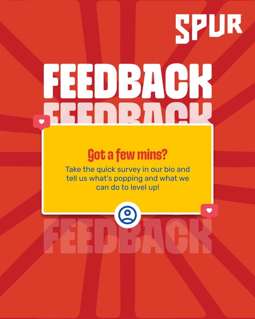 Got a few mins?⏰

We want your hot take! 

Tell us what’s poppin’ and how we can level up your Spur experience.
Tap the link in our bio to take the quick survey now.
your feedback = better vibes, better meals!

Let’s make Spur even better,together!

#spurnigeria  #SpurFeedback