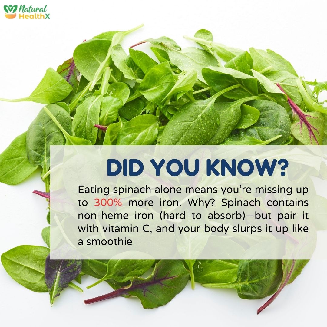 naturalhealthax's tweet photo. Eating spinach alone? Big mistake. Pair it with THIS to absorb 300% more iron.
💡 SCIENCE-BACKED HACK:
→ Toss spinach with lemon juice 🍋
→ Add bell peppers to your salad 🌶️
→ Blend with strawberries in a smoothie 🍓
#NutritionHack #IronBoost https://t.co/yhXzU405Fr