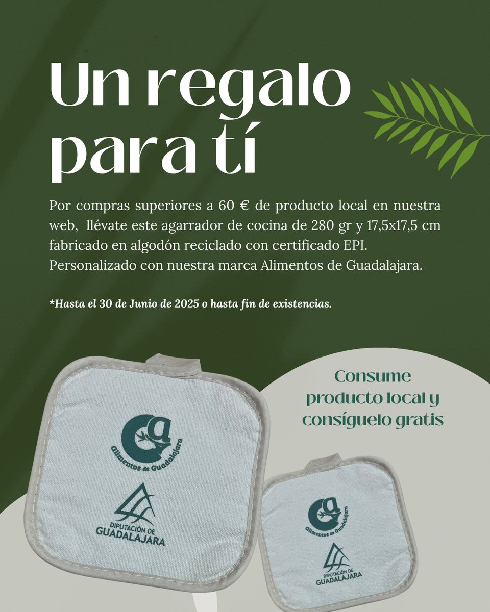 🎁❗️Nuevo regalo de Alimentos de Guadalajara para ti

Por compras superiores a 60 € de producto local en nuestra web,  llévate este agarrador de cocina de fabricado en algodón reciclado con certificado EPI. Personalizado con nuestra marca.

*Hasta el 30/06 o fin de existencias