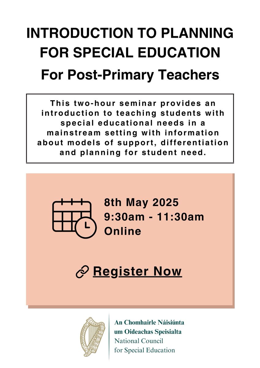 ncseirl's tweet image. Post Primary Teachers, join us for Introduction to Planning for Special Education seminar on May 8th from 9:30am - 11:30am.
For more information and to register: shorturl.at/BmrTy
A Mhúinteoirí Iarbhunscoile, bígí linn don seimineár Réamheolas ar Phleanáil don Oideachas…