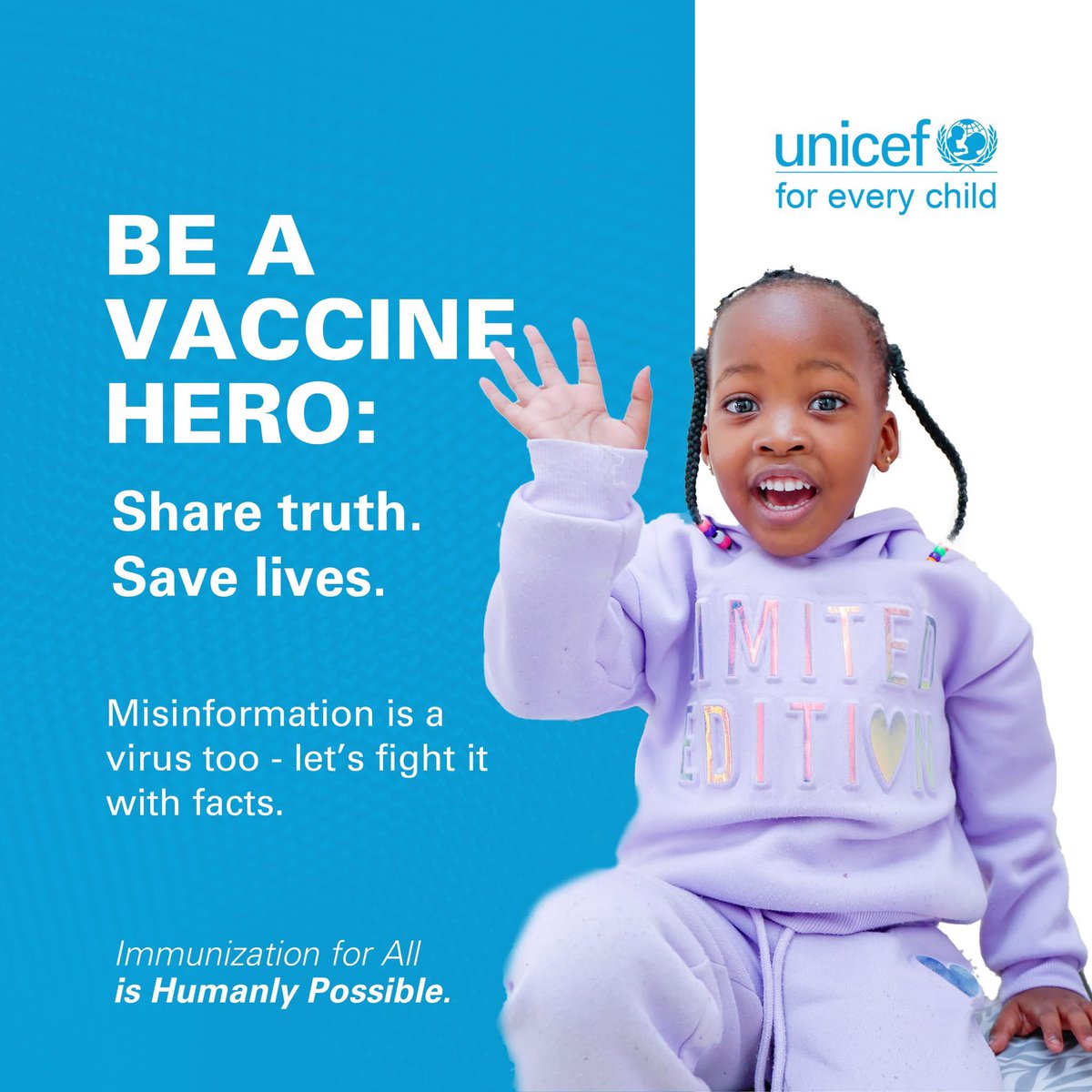 UNICEFBotswana's tweet photo. One conversation can save a life.
Misinformation is a virus too - let’s fight it with facts.
Be a vaccine hero: Share truth. Save lives.
Talk. Post. Share. Empower.
#ForEveryChild #VaccinesWork #FightMisinformation #WorldVaccinationWeek #VaccinationWeek #HumanlyPossible https://t.co/NnK57QloG8