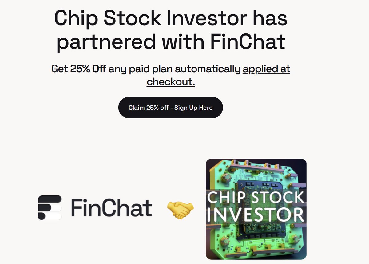 ChipStockInvest's tweet image. If you have been thinking about springing for a paid plan from #Finchat, now is the time! Get 25% off any paid plan with this link: buff.ly/tKY6c7f This sale only happens twice a year, and is only through May 1, 2025.