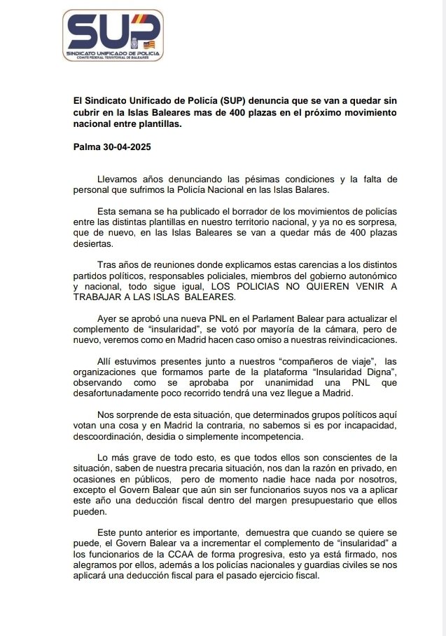 SUPBaleares's tweet photo. LOS POLICIAS NO QUIEREN VENIR A TRABAJAR A LAS ISLAS BALEARES 

Quedan más de 400 plazas vacantes en el movimiento entre plantillas nacional 

Mientras tanto Sánchez, Marlaska y Armengol mirando para otro lado 

👇👇NdP👇👇 https://t.co/09GmvWBIr8