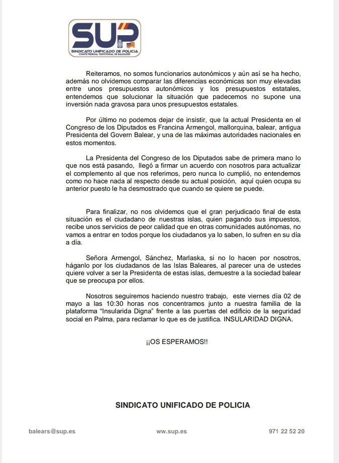 SUPBaleares's tweet photo. LOS POLICIAS NO QUIEREN VENIR A TRABAJAR A LAS ISLAS BALEARES 

Quedan más de 400 plazas vacantes en el movimiento entre plantillas nacional 

Mientras tanto Sánchez, Marlaska y Armengol mirando para otro lado 

👇👇NdP👇👇 https://t.co/09GmvWBIr8