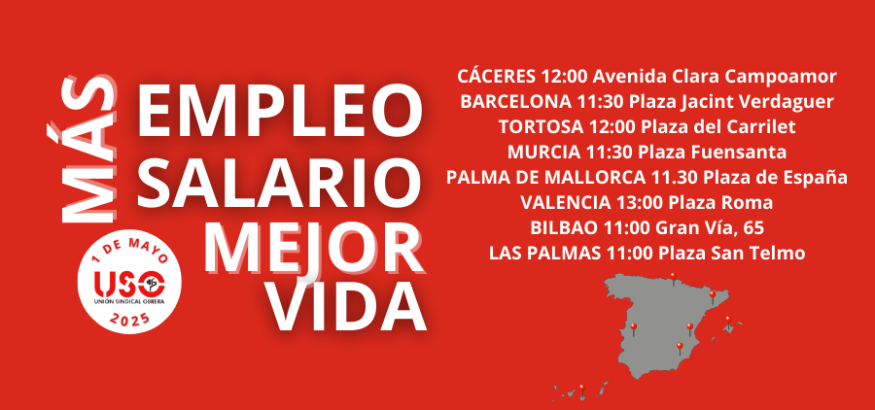 SindicatoUSO's tweet photo. 📢 Este #1Mayo salimos a la calle por #MásEmpleo #MásSalario #MejorVida.

🛑 Basta de precariedad y salarios que no alcanzan.
💪 ¡Te esperamos en las manifestaciones convocadas por USO en toda España!
👉 Info: https://t.co/cZz9YHvYSu
#1MayoUSO #USO https://t.co/amzpz2s2kg