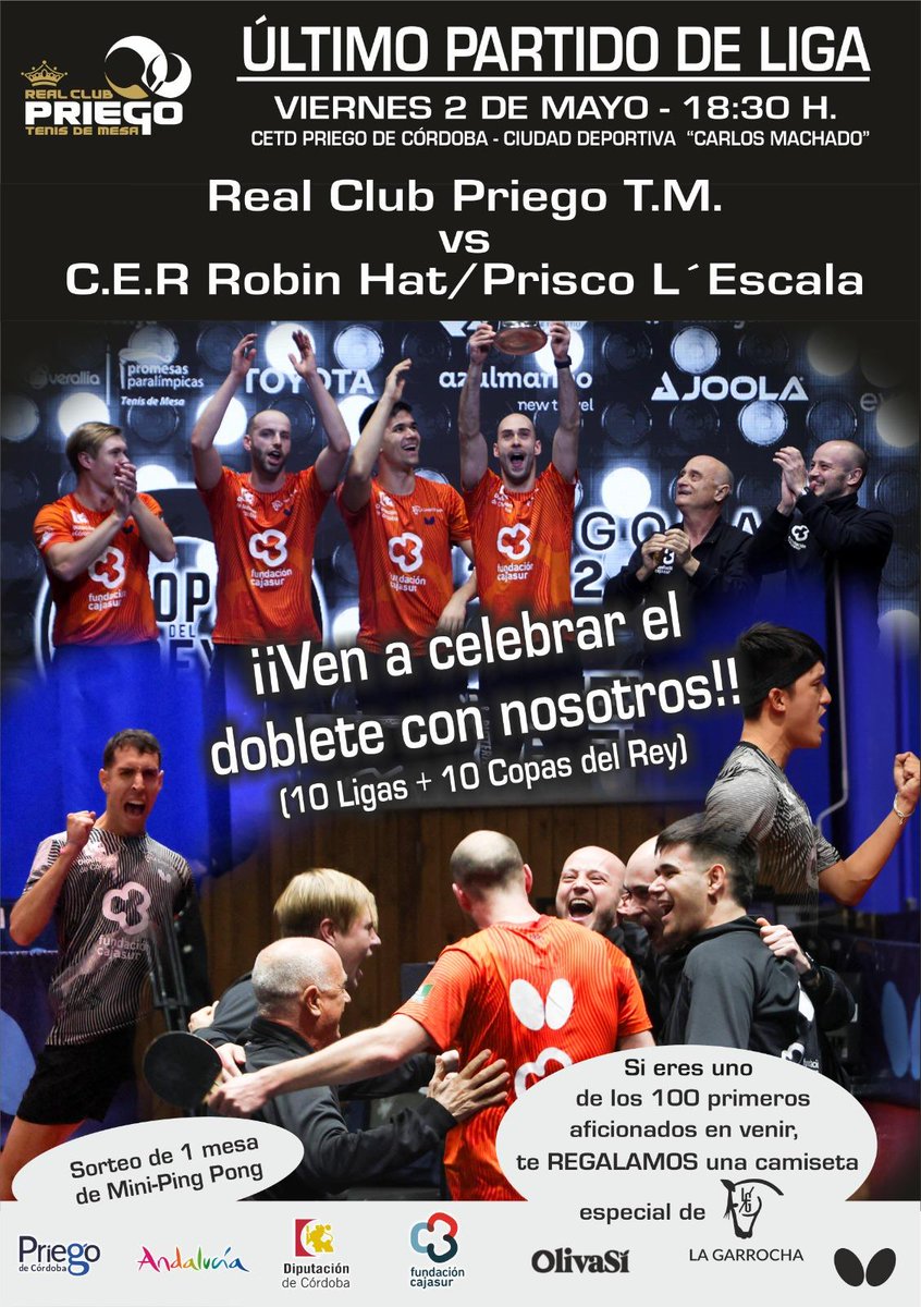 🥹 Este viernes es el último partido de una temporada de ensueño. 

🤩 ¡Ven a celebrar el doblete con nosotros! Además, tendremos regalos para los asistentes. ¡Te esperamos!

⏰ 2 de mayo a las 18:30 vs Prisco L'Escala.