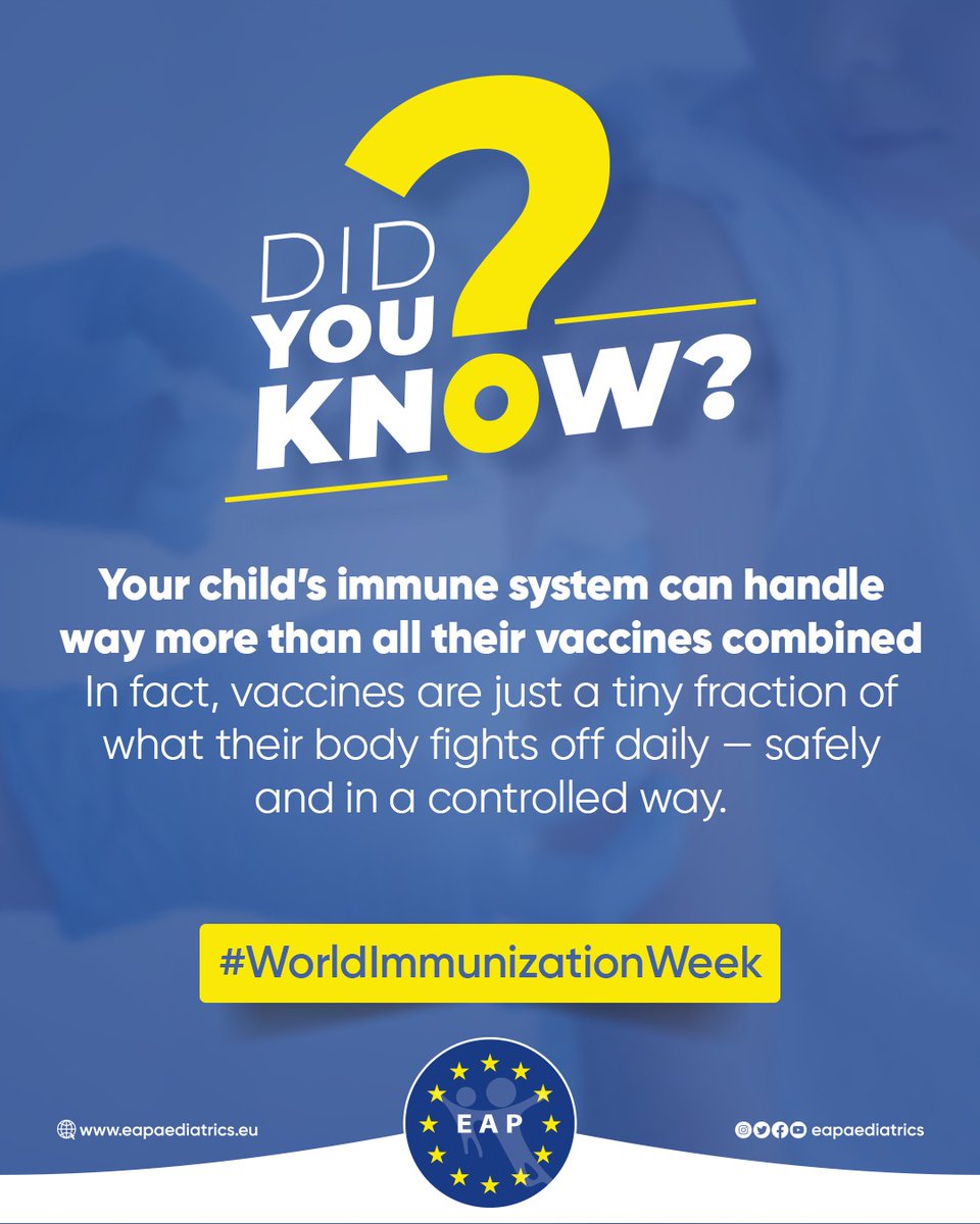 EAPaediatrics's tweet image. 💡 Immunizations train — not overwhelm — each child's immune system!
#ImmunizationWorks #WorldImmunizationWeek

eapaediatrics.eu/world-immuniza…

#ImmunizationWorks #WorldImmunizationWeek #PublicHealth