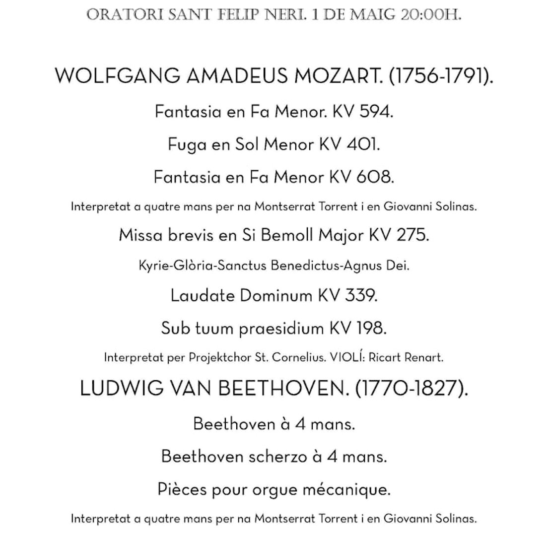 Aquest dijous, 1 de maig (20 h), Montserrat Torrent torna al seu orgue de Sant Felip Neri en un concert compartit amb l'organista Giovanni Solinas i el Projektchor St. Cornelius. Entrada lliure amb taquilla inversa. No hi falteu!