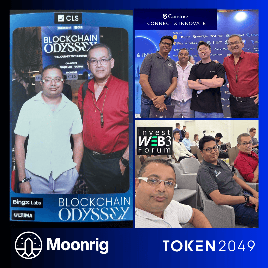 moonrigio's tweet photo. Moonrig made waves at #Token2049 Dubai!  CEO Praveen Pinto, CMO Anand Ramamoorthy &amp; CELO Charles Verghese were at some of the most dynamic events shaping the future of Web3: Connect &amp; Innovate (Coinstore), Invest Web3 Forum (Giakaa Capital) &amp; Blockchain Odyssey (CLS Global). https://t.co/SSqs60rE2A