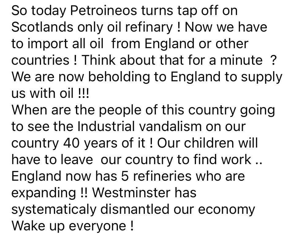 Hamill2086John's tweet image. Scotland has been refining oil for one hundred years. In less than a year of a new Labour government we no longer have that facility. It has been moved to refineries in England. #Grangemouth
