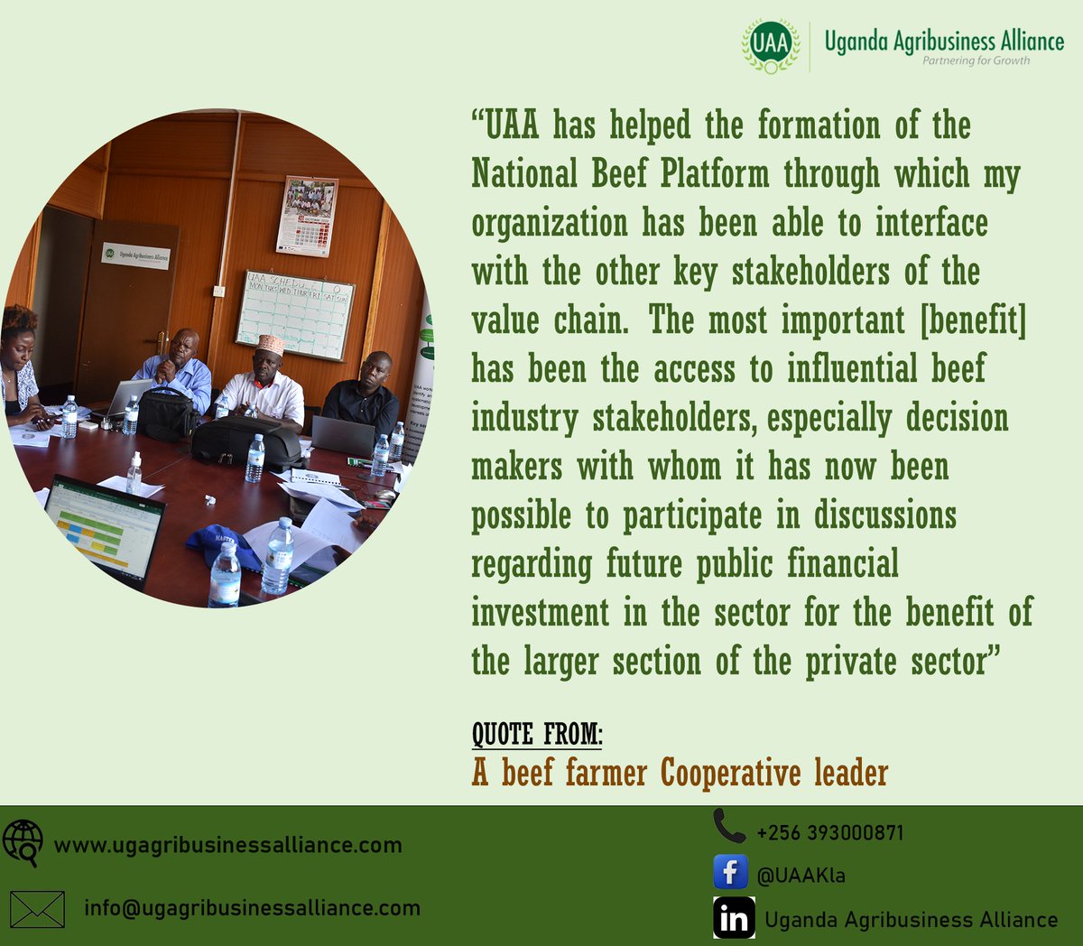 #Testimonial Spotlight!!
“UAA has played a pivotal role in the formation of the National Beef Platform, through which my organization has been able to collaborate with key stakeholders across the beef value chain.....".

#UAAImpact #LivestockDevelopment  #AgribusinessLeadership