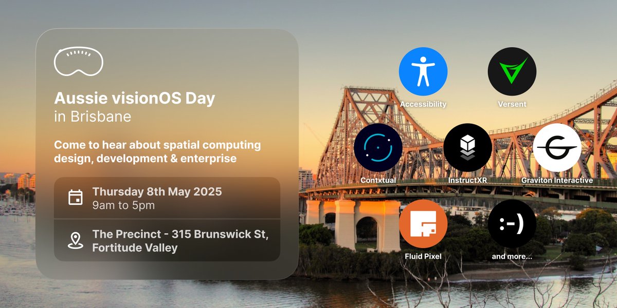 Aussie visionOS Day Brisbane is on next week. This free event will be held at The Precinct in Fortitude Valley on Thursday 8th May. More info and tickets here: events.humanitix.com/aussie-visiono… #applevisionpro #visionos #spatialcomputing