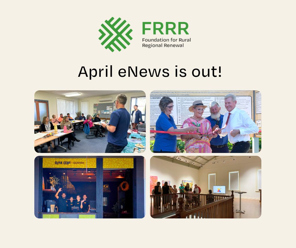 📰 Hot off the press! 

Our latest e-newsletter is here and there’s plenty to inspire and inform rural and regional changemakers.  

Dive in👉 mailchi.mp/frrr/enews-apr… 

#FRRR #RuralAustralia #CommunityGrants #PhilanthropyInAction