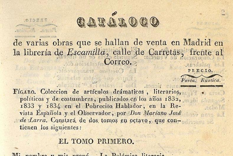 Ha aparecido en un local de la calle Carretas de Madrid el rótulo de la librería Escamilla, la editora de Larra en los años de 1830.