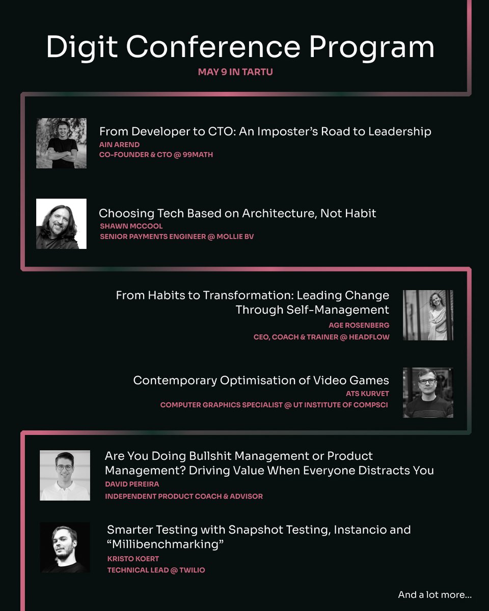 🚨 Digit is happening next week on May 9!

The program is full of highly technical talks and workshops from front-end and back-end to DevOps, product, databases, and team leadership🤝

Check out the complete program &amp; grab your ticket 👉 digit.dev/agenda/

#digitconf