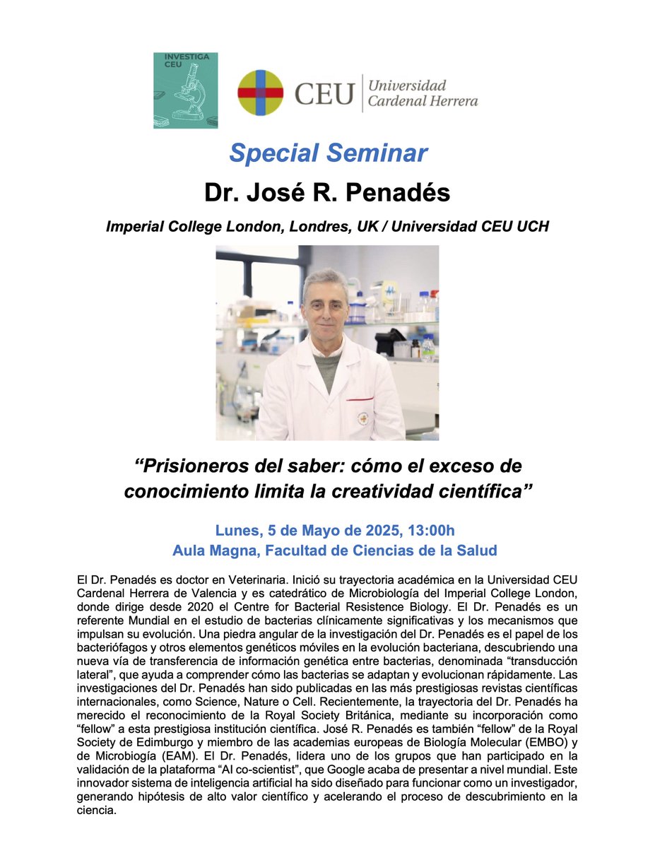 📢Special Seminar el lunes, con el Dr. José Penadés, catedrático del Imperial College London y de <a href="/uchceu/">Universidad CEU UCH</a> 
El Dr <a href="/jrpenades/">José R Penadés</a> es un referente mundial en el estudio de bacterias clínicamente significativas y los mecanismos que impulsan su evolución
📍Lunes 5, 13h Aula Magna CC Salud
