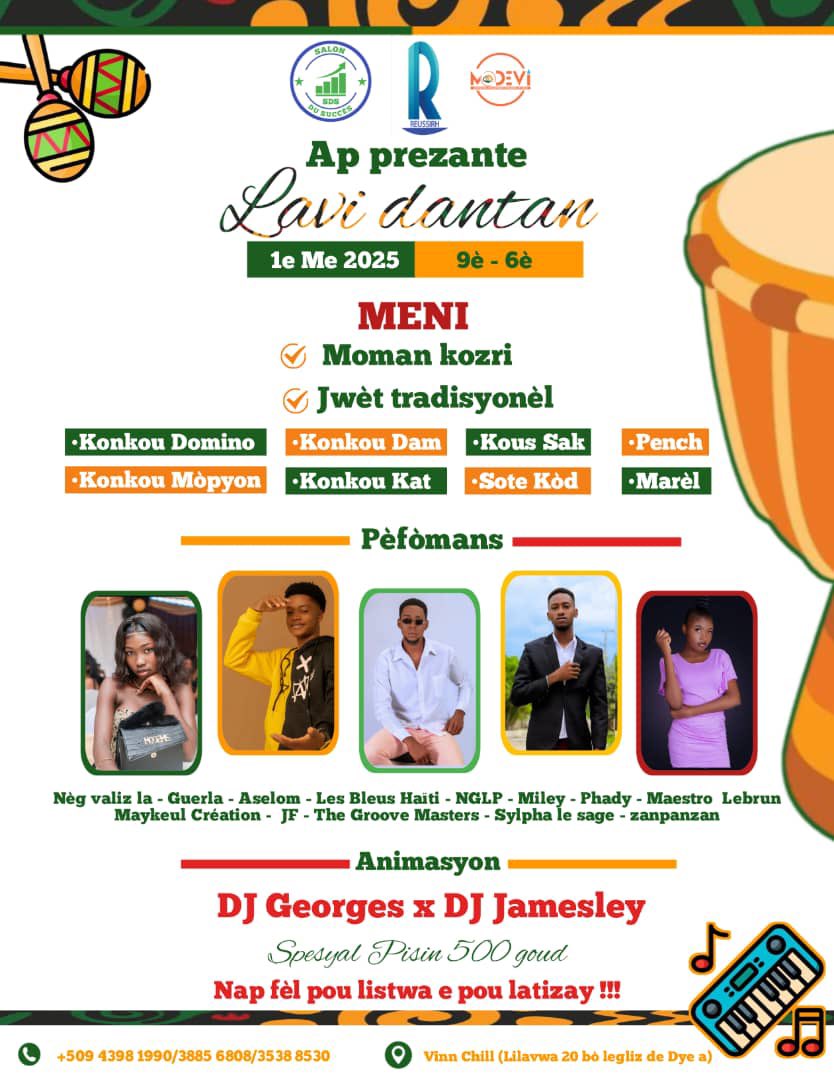 FranckyMagazine's tweet photo. Salon du Succès, REUSSIRH et MODEVI s’unissent pour organiser Lavi Dantan le 1er mai 2025 au local Vinn Chill, situé à Lilavois 20. 
À travers cette activité, ils entendent mettre en première ligne les valeurs d’Haïti par le truchement des plats locaux, des jeux 🇭🇹 entre autres. https://t.co/9bk5sSwDhs