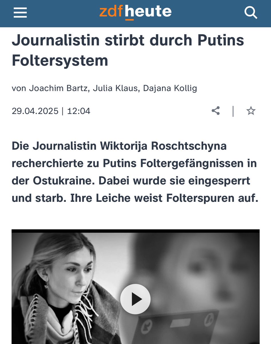 berlin_bridge's tweet image. Liebes @ZDF, man stirbt nicht „durch ein Foltersystem“ und Russlands langfristige, systematische Folterung von Ukrainern geht nicht von einer Person aus. Erklären Sie der Öffentlichkeit klar und deutlich, was geschehen ist:
„Russische Besatzer foltern Journalistin zu Tode“